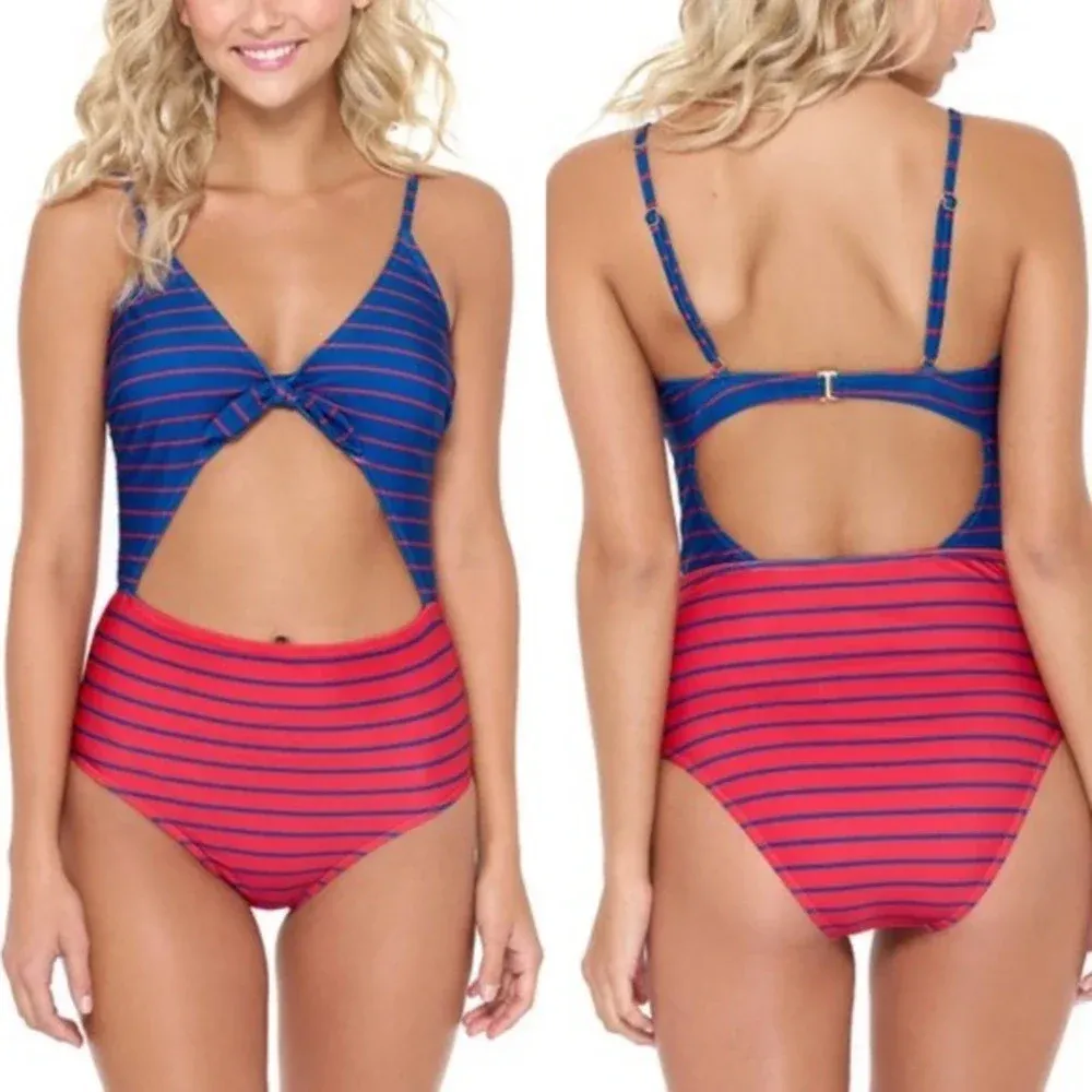 HOT WATER Fiesta Red & French Blue‎ Stripe High-Waist Monokini XL - Image 2