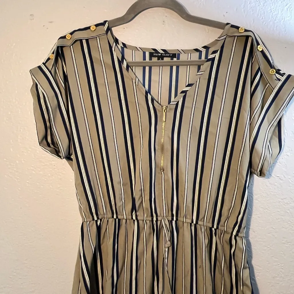 Faded Glory Tan and Brown Ruched Midi Sundress Striped 1/4 Zip V Neck SZ L - Image 3
