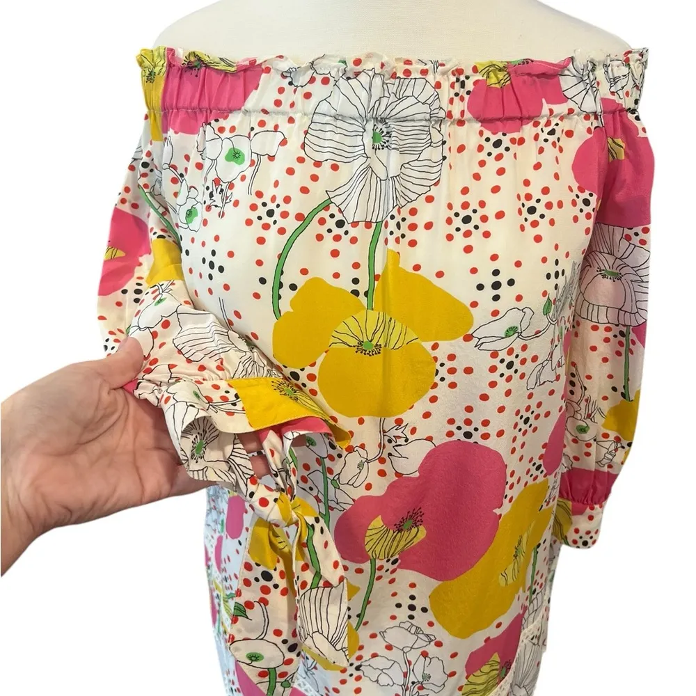 Trina Turk 100% Silk Off The Shoulder Floral 3/4 Length Sleeve Blouse Small - Image 6