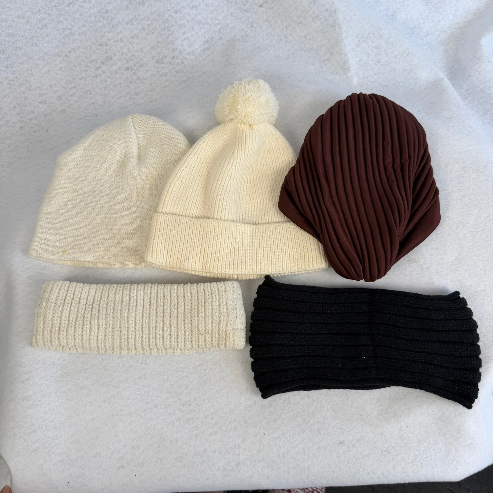 Bundle Winter Hats Womens Cream Pom Pom Beanie Brown Turban Lot of 5 - Image 2