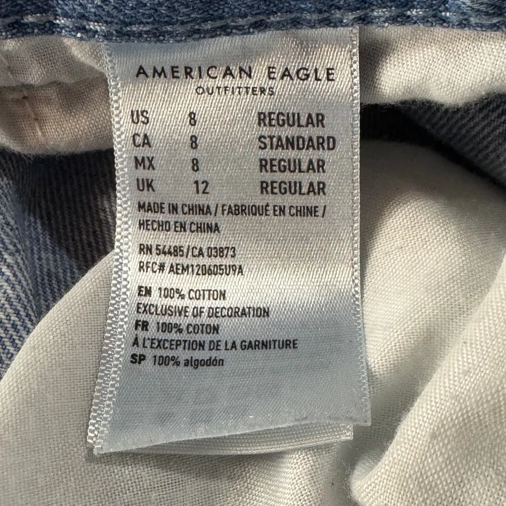 American Eagle SZ 8 Wide Leg Jeans Chewed Hems Belted Seamed Hi-Rise Light Wash - Image 11