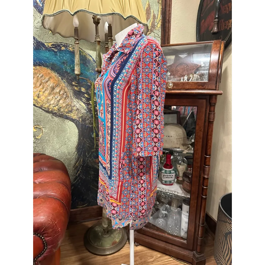 Women's Tolani Long Sleeve Dress M Red Blue Geometric Silk - Image 5