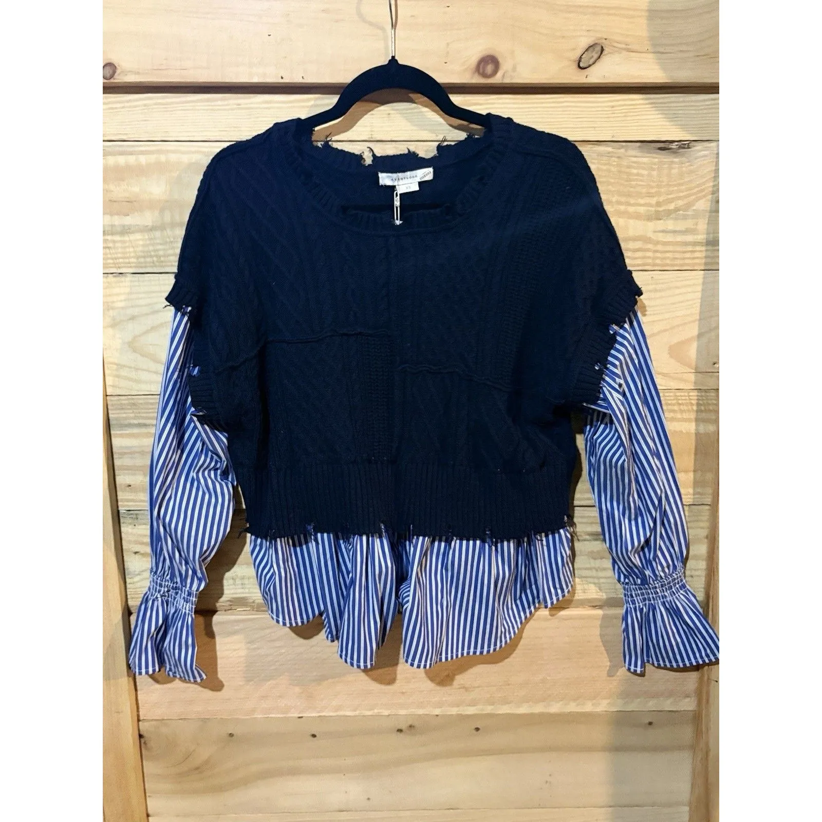 Avantlook XS Layered Mixed Media Top Blue Knit Stripe Shirt NWT - Image 2