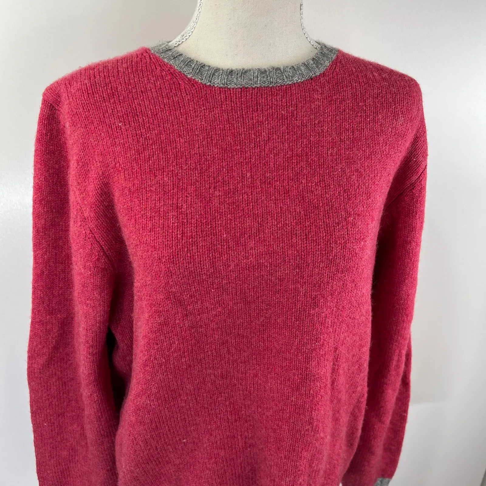 Italian Fine Merino Wool Contrast Crewneck Sweater Colorblock Red Size L - Image 2