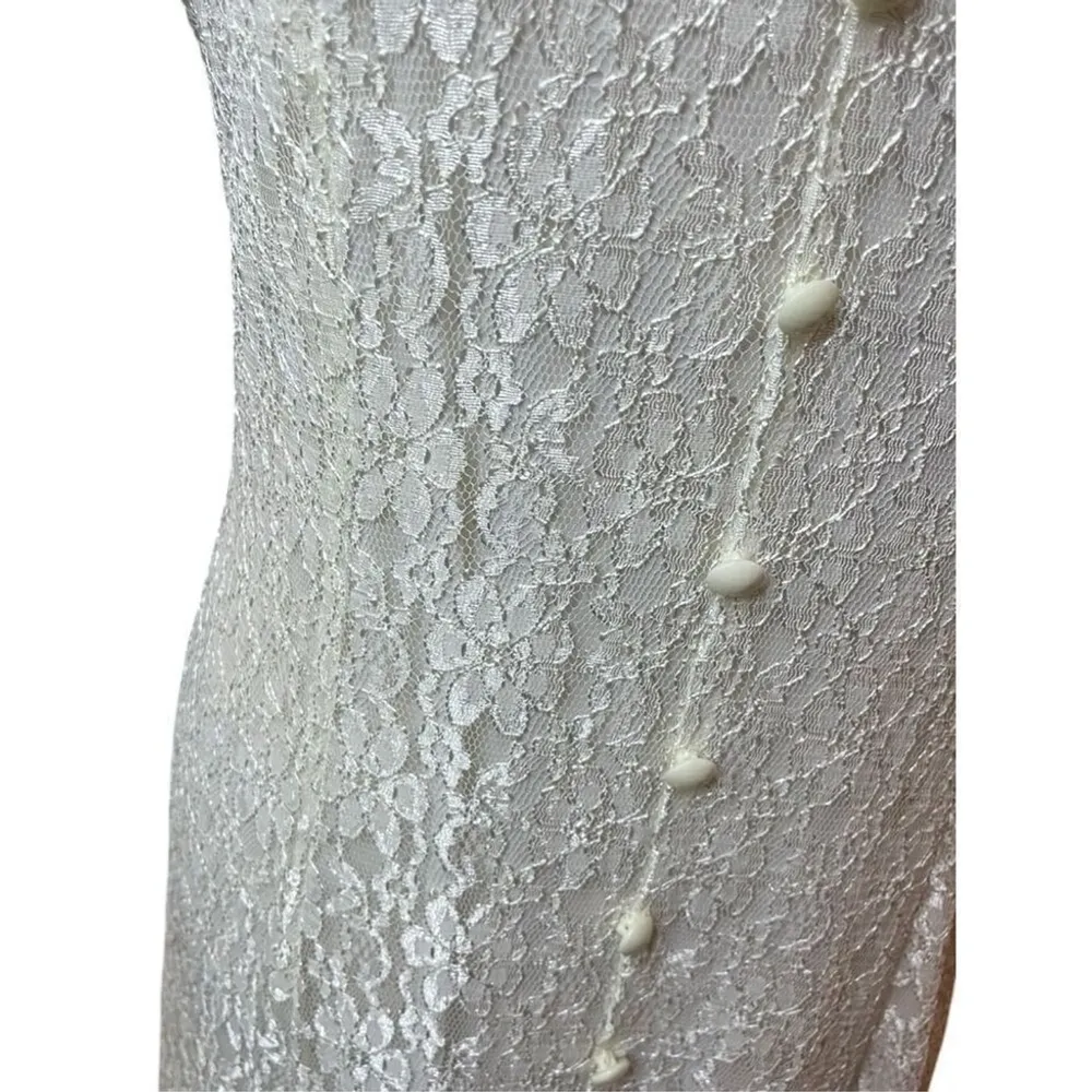 Vtg 70s/80 Dawn Joy Fashions Lace Sweetheart Key Hole Corset Tie Back Dress Sz M White Size M - Image 7