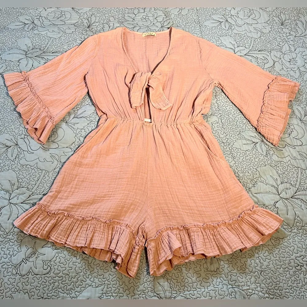STARK X Hand in Pocket Front Tie Ruffle Cotton Gauze Romper w/ Pockets Sz M Size M - Image 2