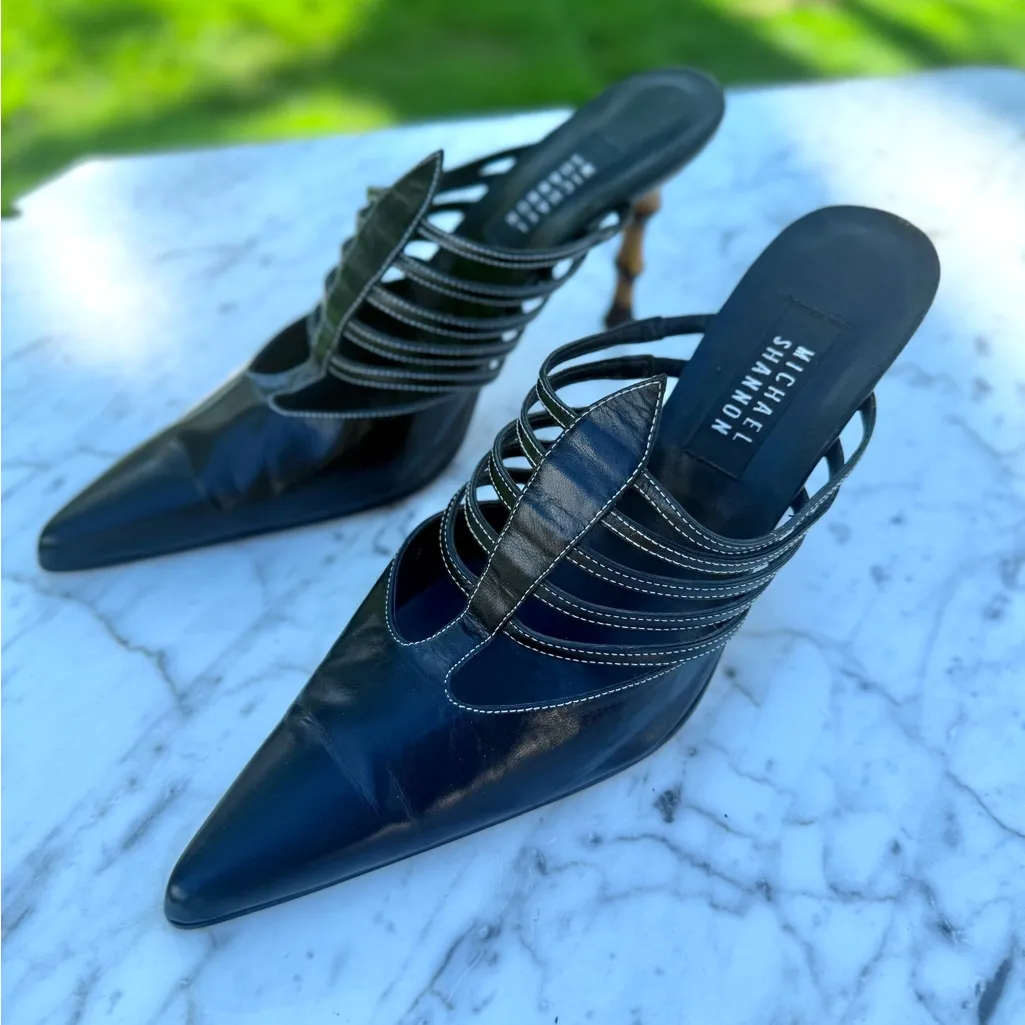 Michael Shannon Black Strappy Heels with Bamboo Heel - Image 4