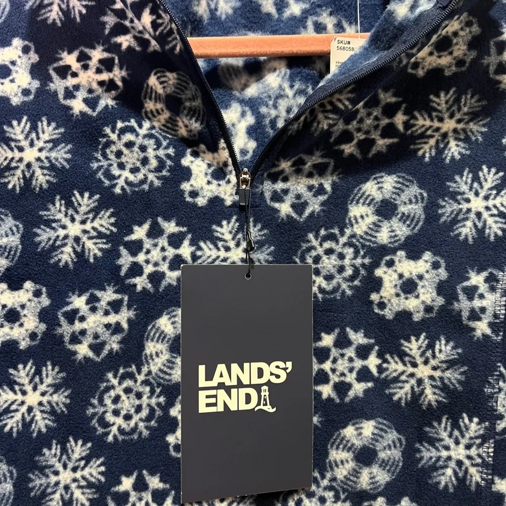 Lands End Fleece Quarter Zip Pullover Top Navy Snowflake Print Womens NWT Winter - Image 5
