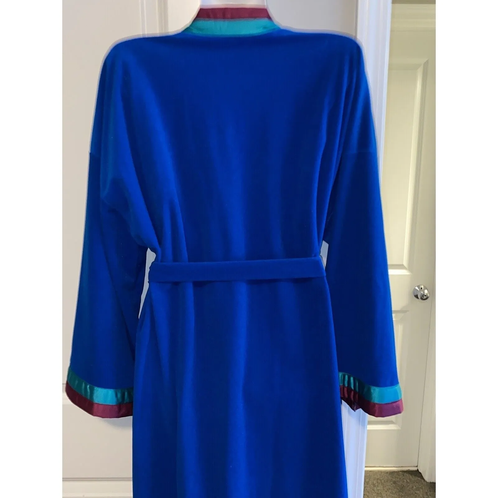 VTG 80s Vanity Fair Burgundy Teal Velvet Housecoat Long Robe Women’s Sz L USA - Image 9