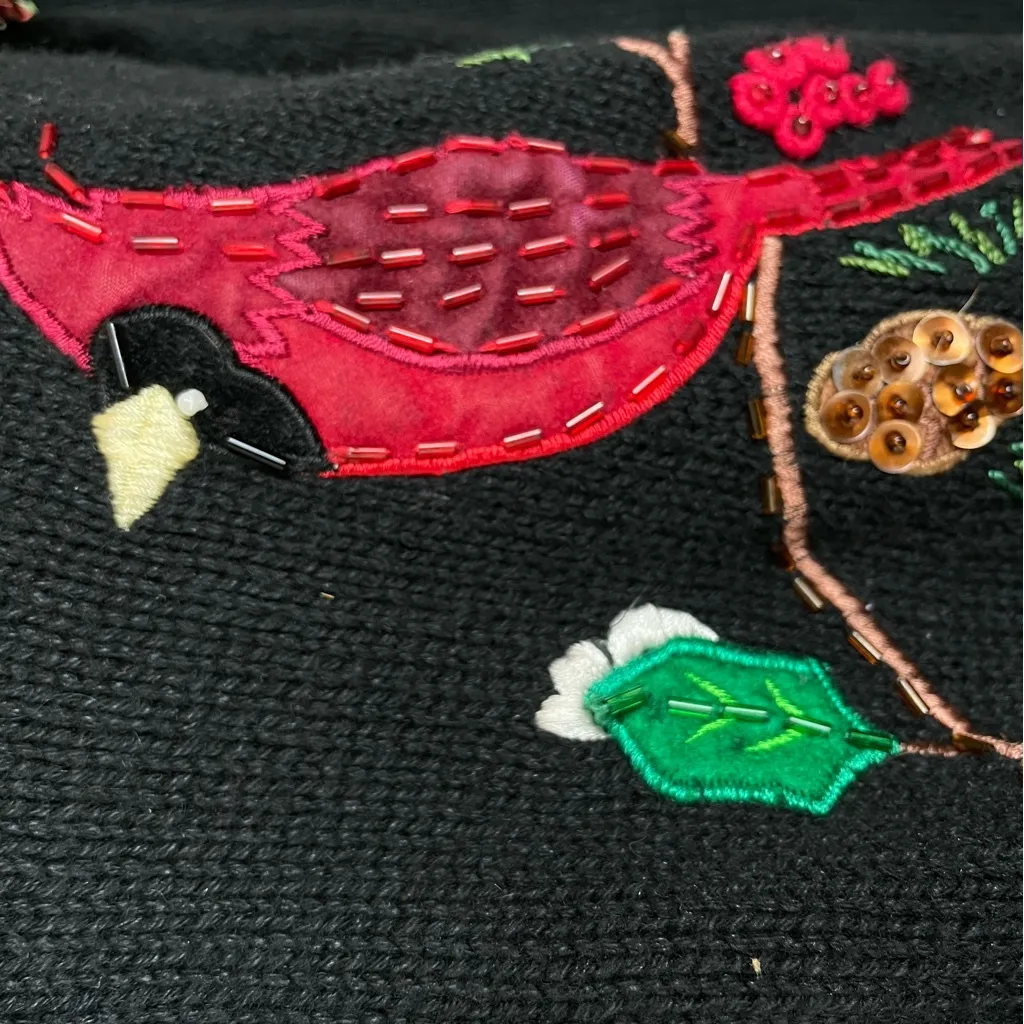 Vintage Christmas Cardigan 3D Ugly‎ Xmas Sweater Party Birds Nest Embellished Sm Black - Image 6