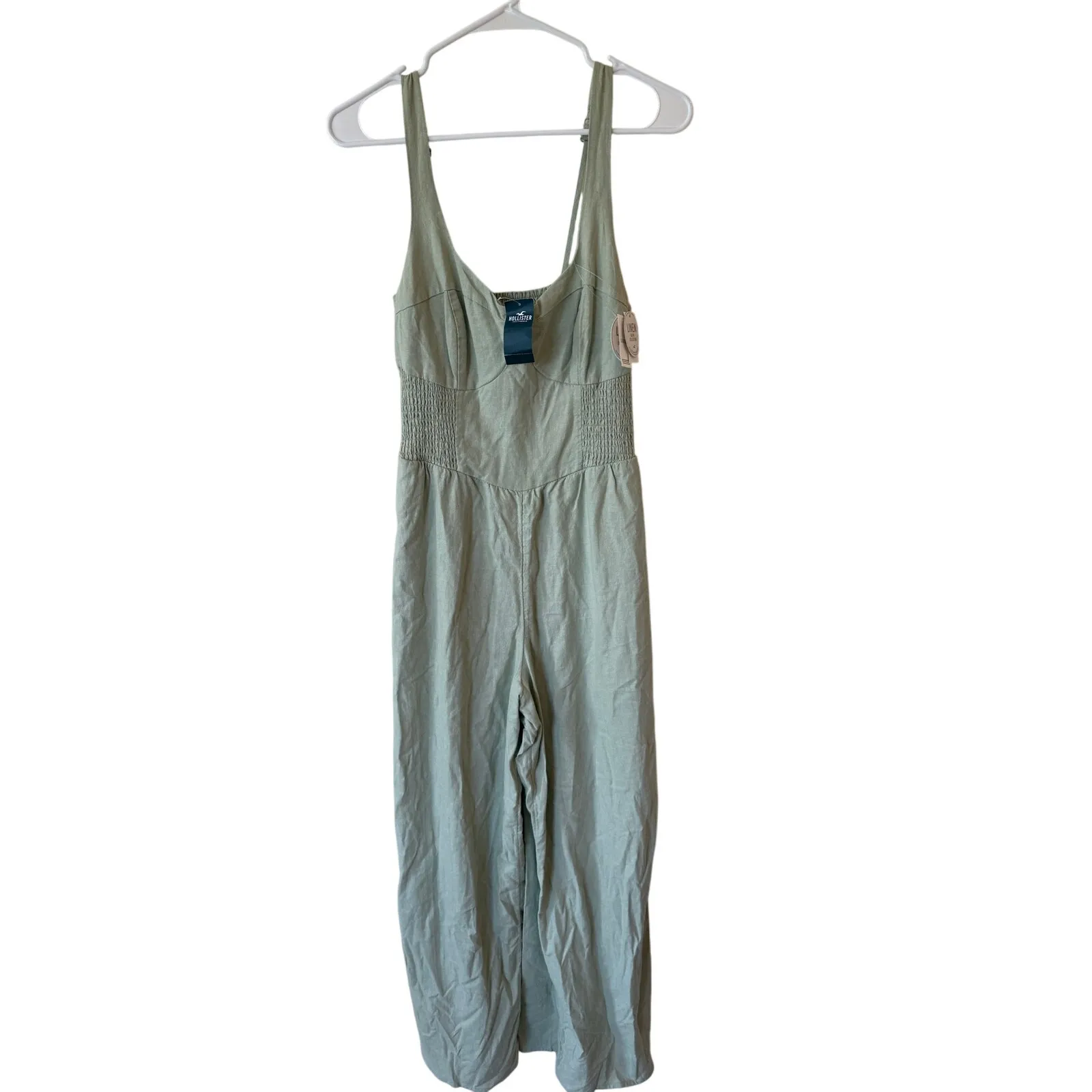 NWT Hollister Linen Blend Smocked Wide Leg Jumpsuit Green Women's Size Medium - Image 3