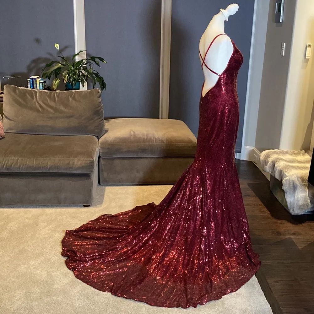 Women’s Burgundy Fully Sequined Mermaid Style Prom Party Dress Size S NWT - Image 4