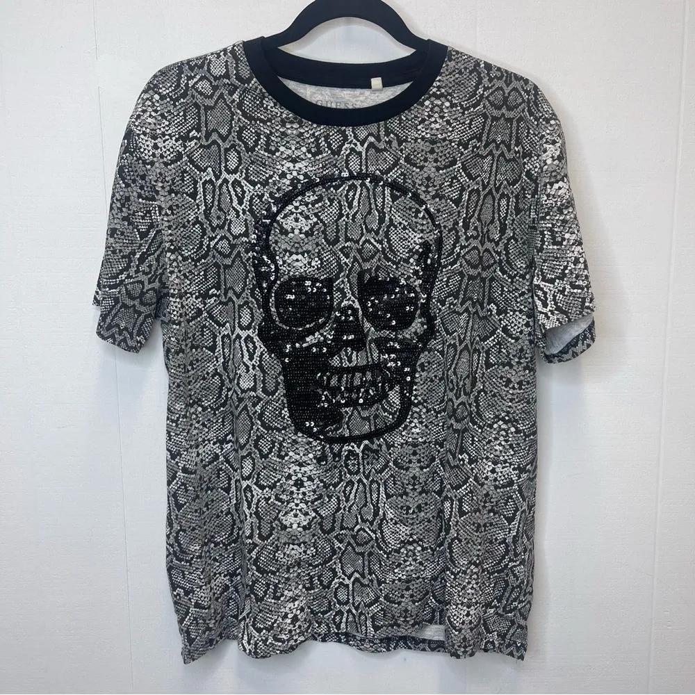 Guess Women’s Size Large Snake Print Skull Tee Top Black and Gray Sequin Rock - Image 2