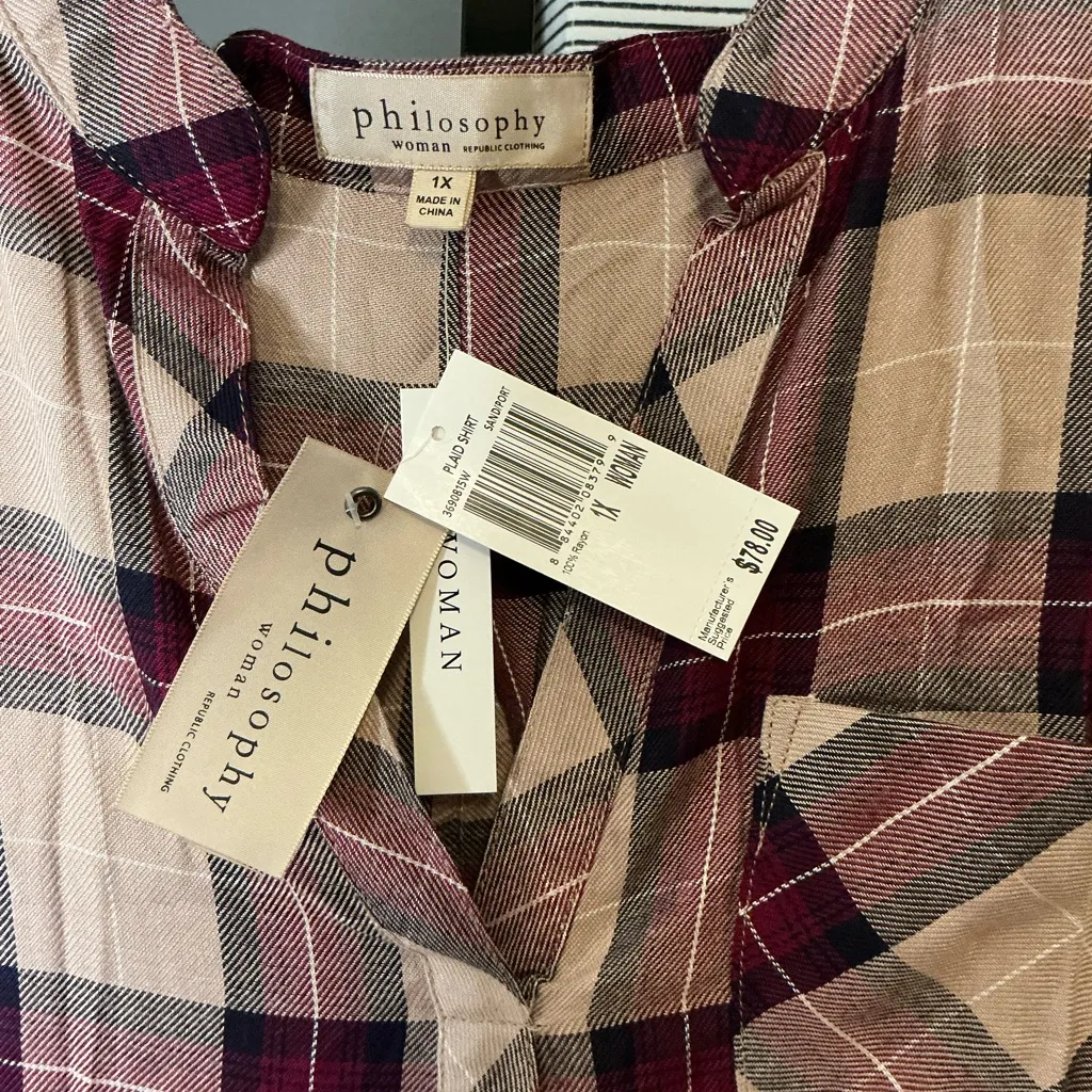 Philosophy Red,Cream and Black plaid Sleeve Button Down Shirt - Image 3