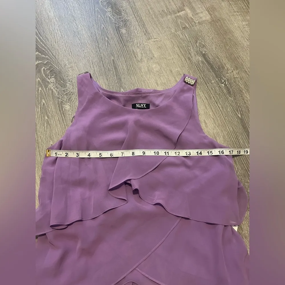 SLNY Tulip Tiered Chiffon Shift Dress Purple Rhinestones Accent Lined Size 6 NWT - Image 3