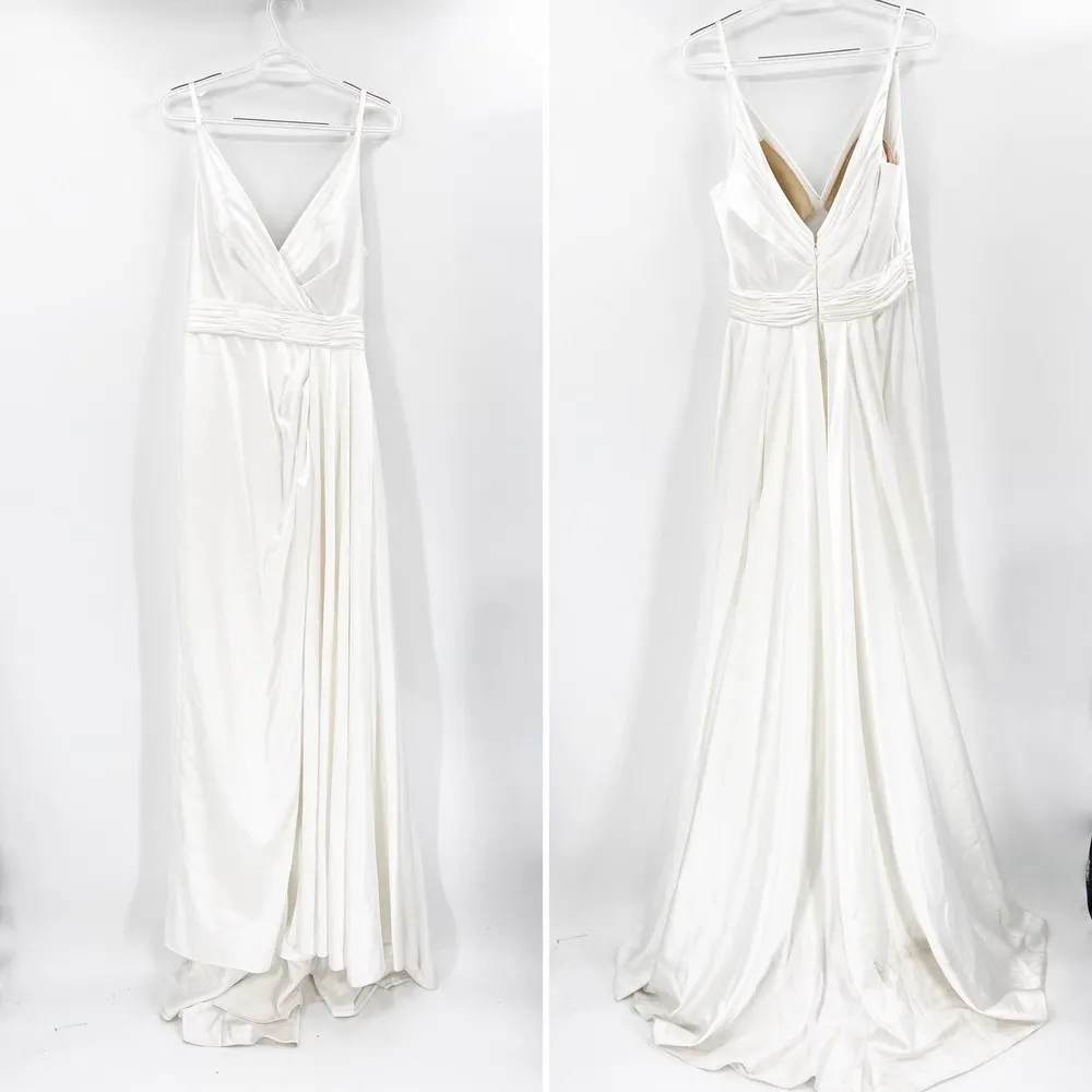 Mac Duggal 12443 White Satin V-Neck Sleeveless Long Formal Gown Size 8 - Image 3