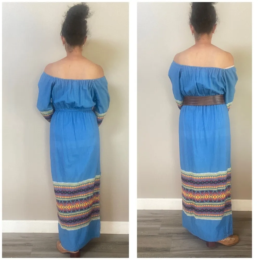 Vintage Southwest Navajo embroidered off shoulder cotton peasant sleeve … Blue Size undefined - Image 4