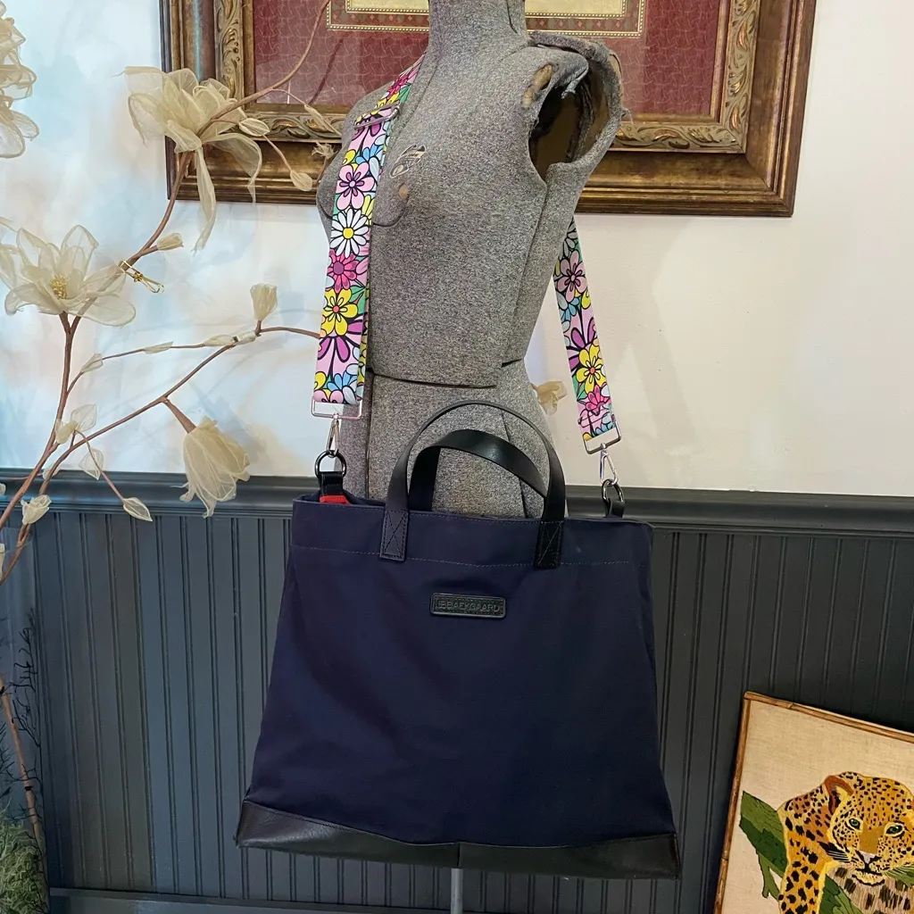 Baekgaard Oliver Metro Tote Bag – Navy Canvas & Black Leather + Floral Strap 💛🎀 Blue - Image 3
