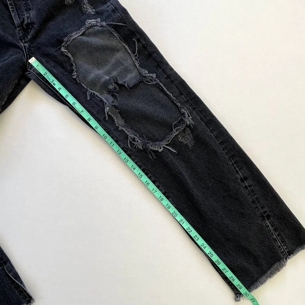 Free People Jeans Womens 27 Black Distressed Raw Hem High Rise Straight Leg - Image 12