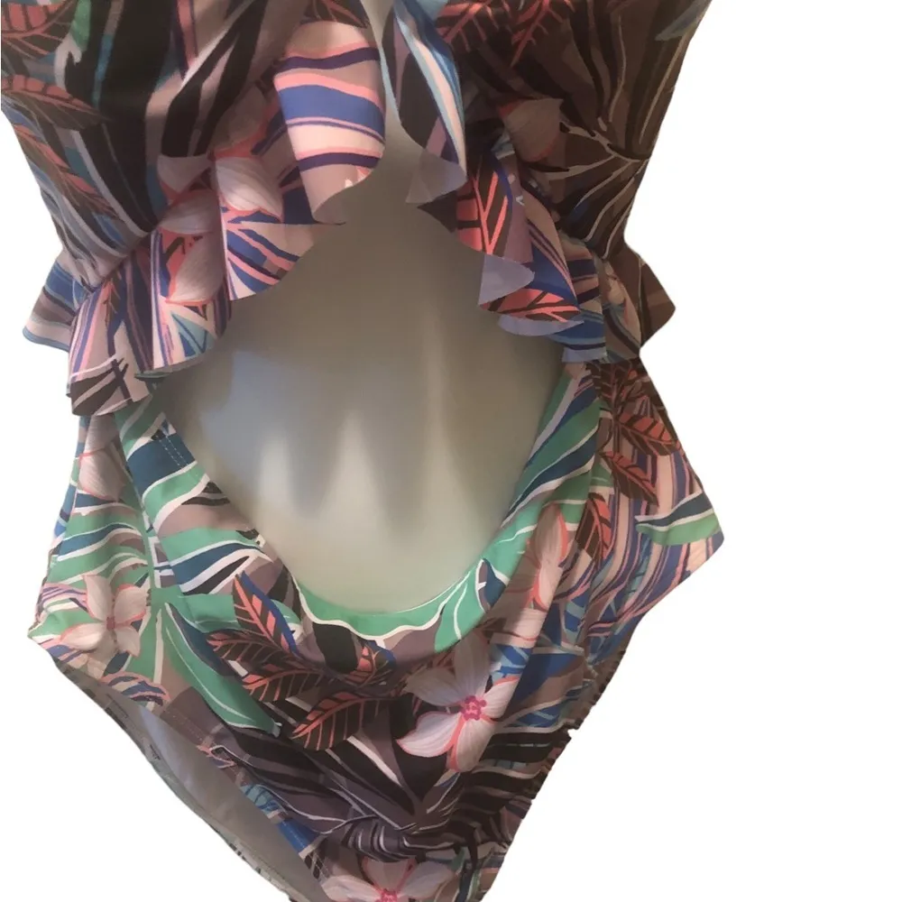 Floral Cut Out One Piece Swimsuit XL Ruffled Lace Up Back Coconuts - Image 7