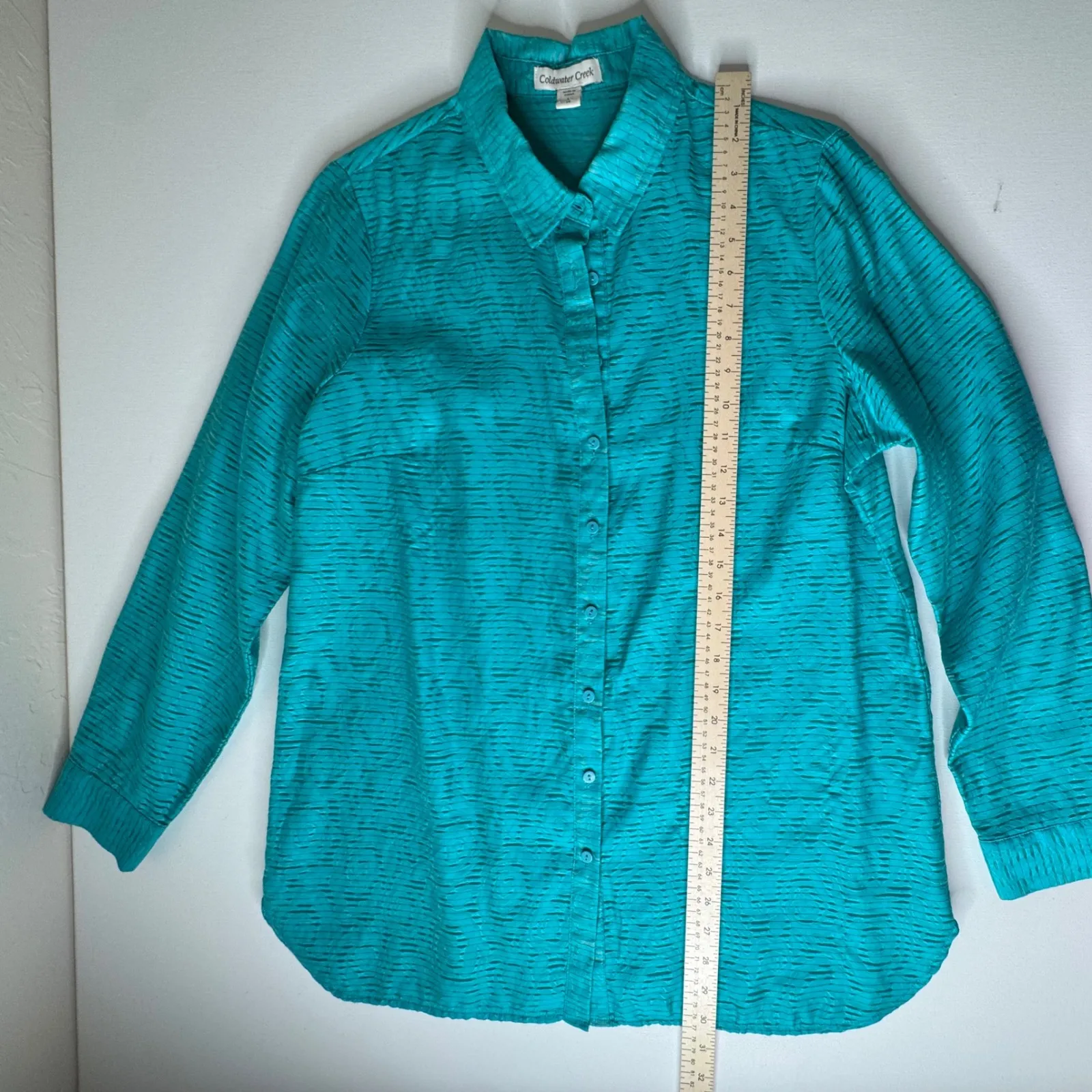Coldwater Creek Sheer Textured Button Up Shirt Large Teal Long Sleeve Office - Image 9