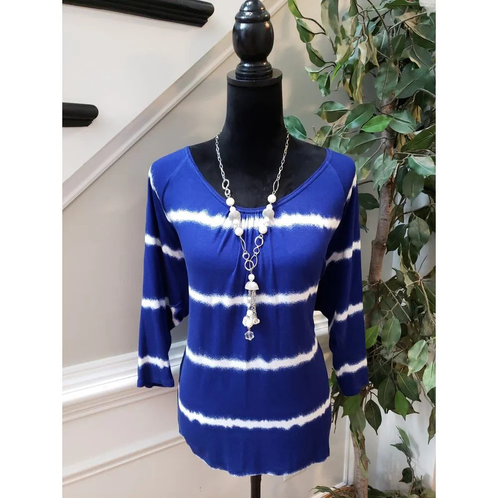 White House Black Market Top Women M Blue White Tie Dye 3 4 Sleeve Stretch - Image 10