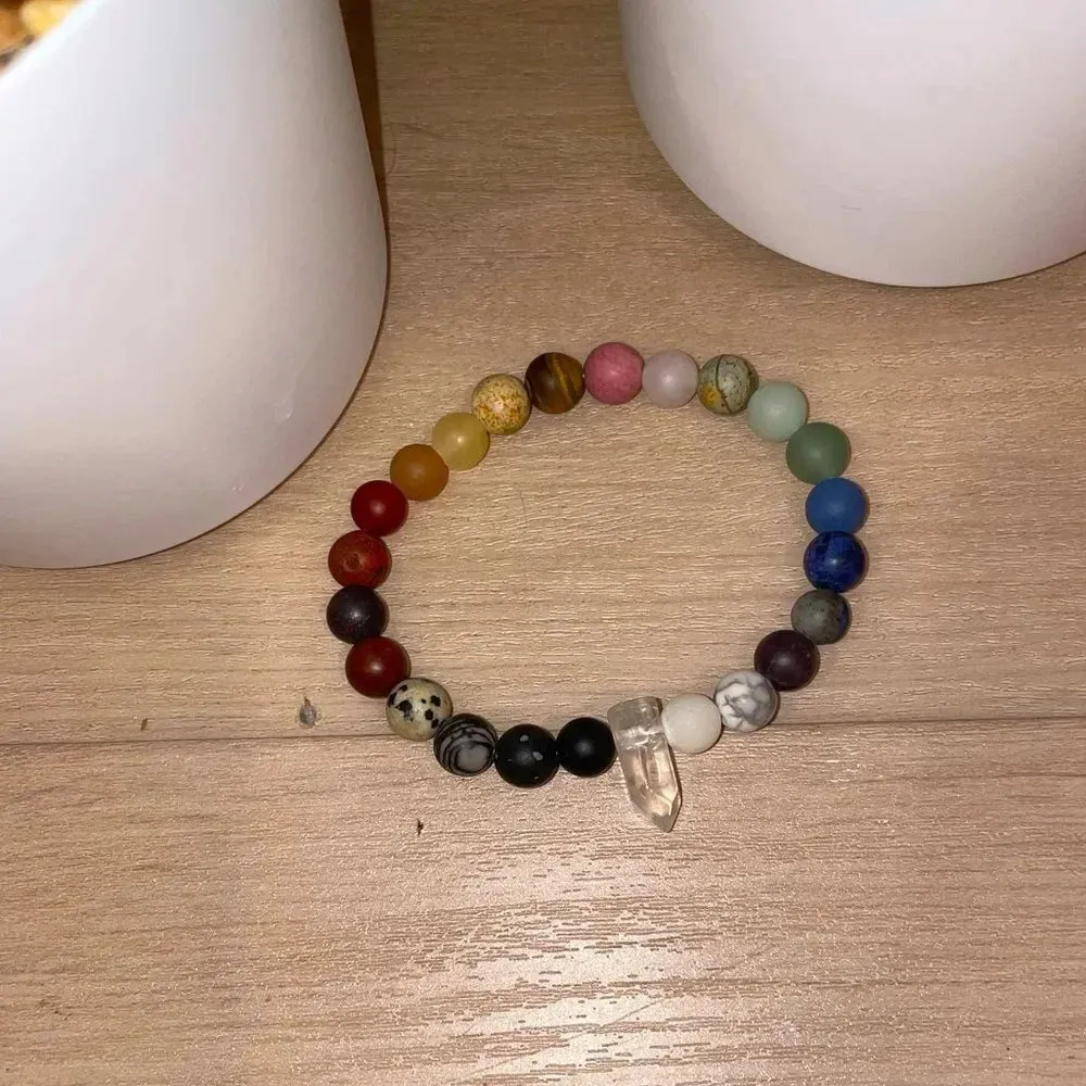 CRYSTALINE HEALING CHAKRA MULTI STONE BEADED BRACELET WITH CLEAR QUARTZ CRYSTAL Green - Image 7
