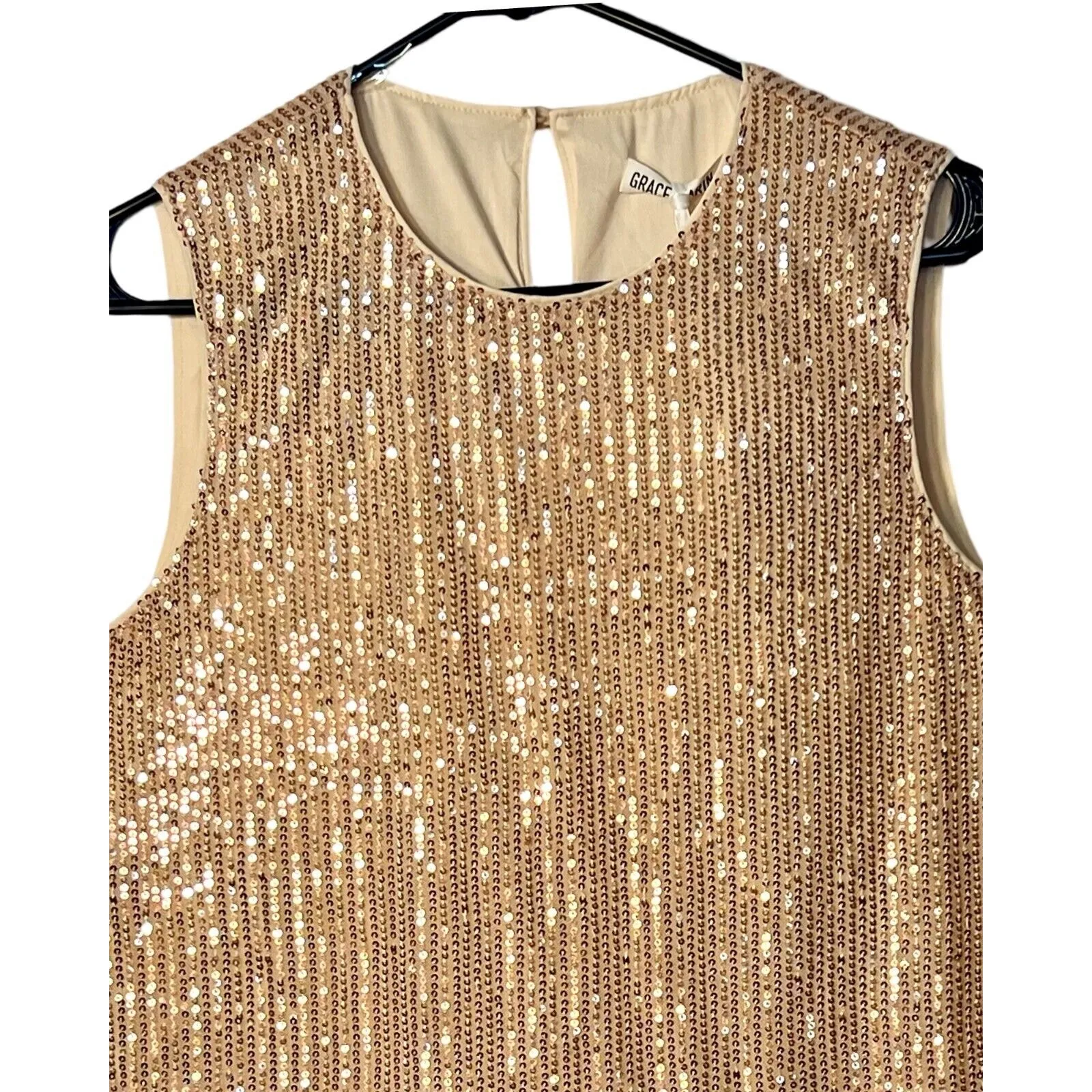 GRACE KARIN Womens SleevelessTop Size L Tan Pullover Fringe Sequin Lined NWT - Image 4