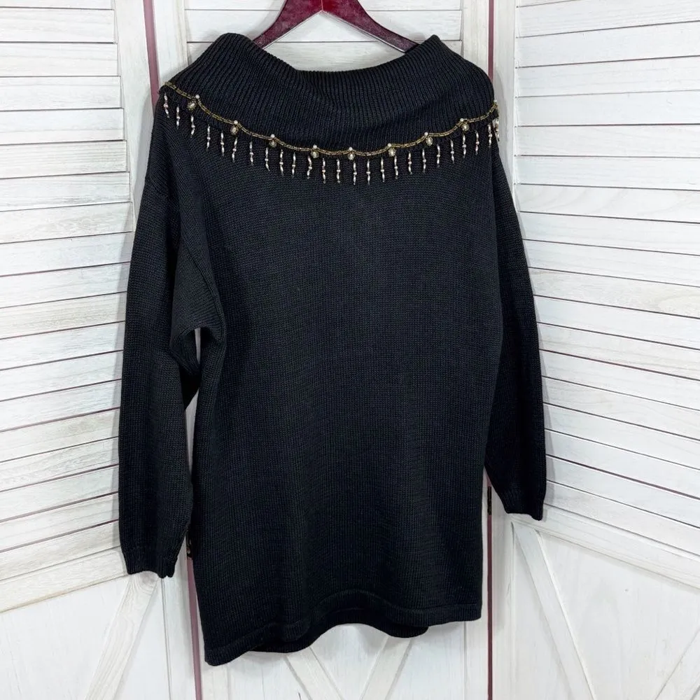 Vintage Victoria Jones 90s Floral Beaded Cowl‎ Neck Tunic Sweater Black Medium - Image 8
