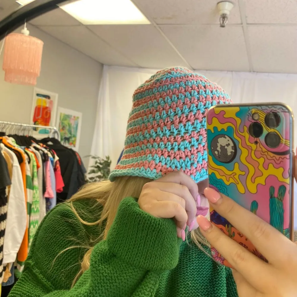 Handmade Crochet Knit Beanie Hat Blue Peach - Image 71