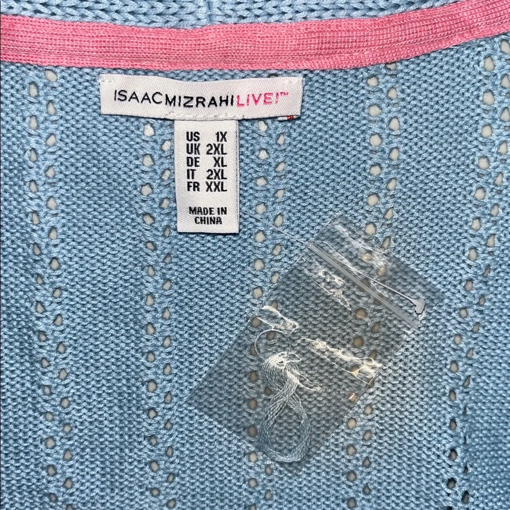 Isaac Mizrahi Live! NWT 1X Blue Pointelle Sweater Vest Duster Cardigan w/ Belt - Image 5