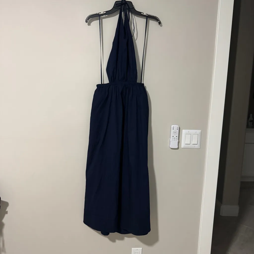 STAUD Vanessa halterneck cotton blend poplin dress pocket tie back midi navy M Blue Size M - Image 4