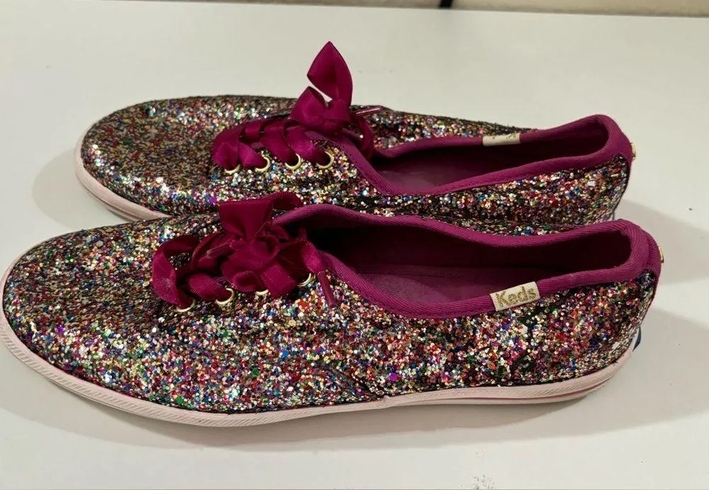 Keds X Kate Spade Fuchsia Multi Color Glitter Ribbon Tie Sneakers 6 - Image 3