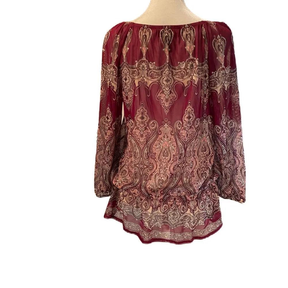 Wine Color Paisley Sheer Blouse Elastic 3/4 Sleeves & Low Elastic Waist M - Image 4