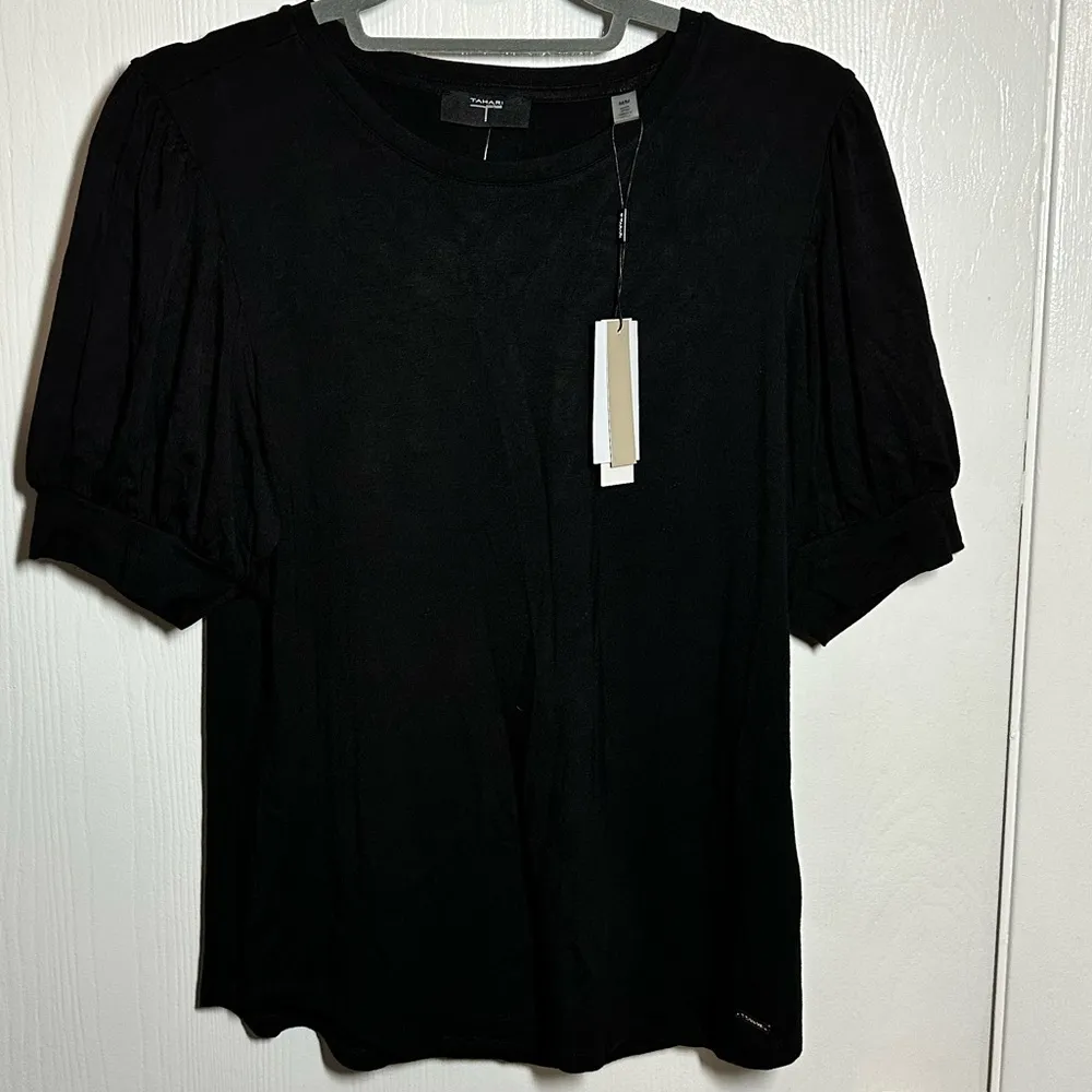 Perfect Feminine Black Viscose Tee with Short Puff Sleeves, T by Tahari - Image 10