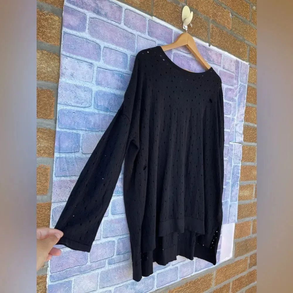 PLANET BY LAUREN One Size Sweater Holey Distressed Lightweight Pullover XL Black - Image 2