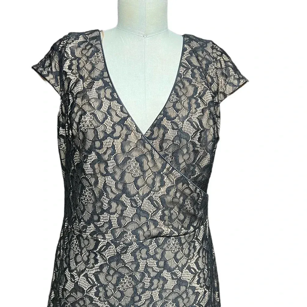 Dress The Population Cap Sleeve Faux Wrap Lace Dress Black Nude‎ Size L - Image 2