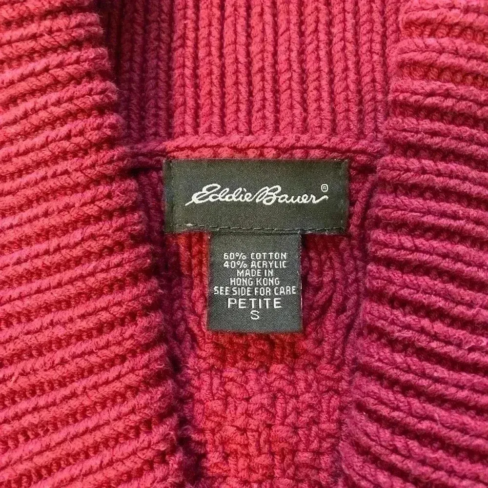 Vintage Eddie Bauer Womens Sweater Cable Knit Red Fisherman‎ Cowl V Neck Sz PS - Image 3