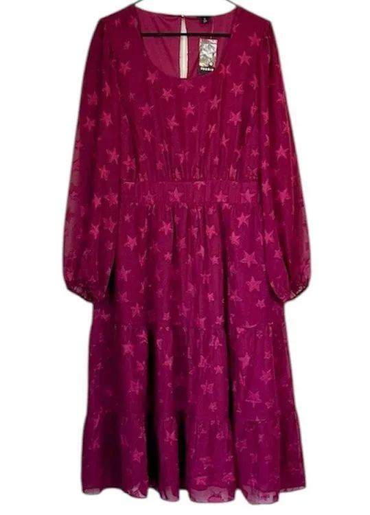 NWT Torrid Plus Burgundy Star Print Tiered Chiffon Midi Dress, Pockets - 1X - Image 2