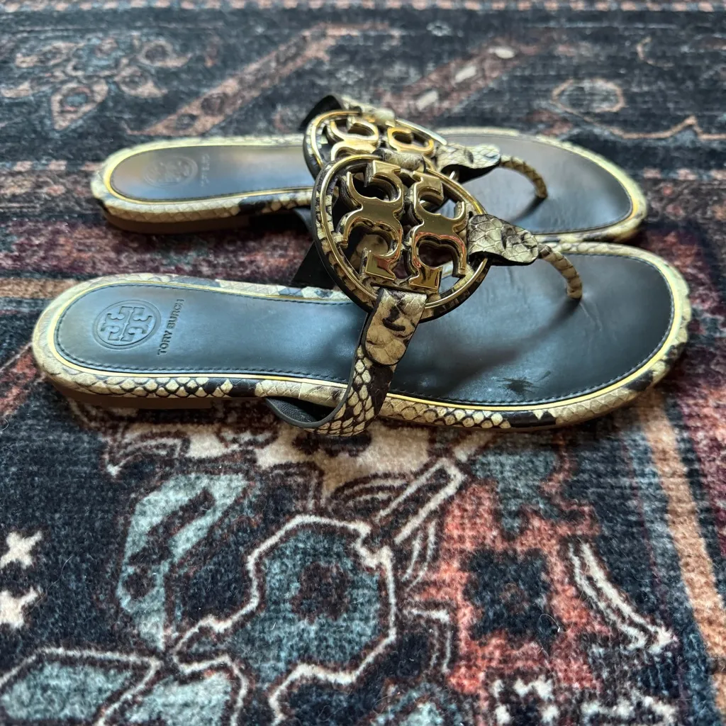 Tory Burch Metal Miller Stamped Snake Printed Leather Sandals Desert Roccia - Image 3