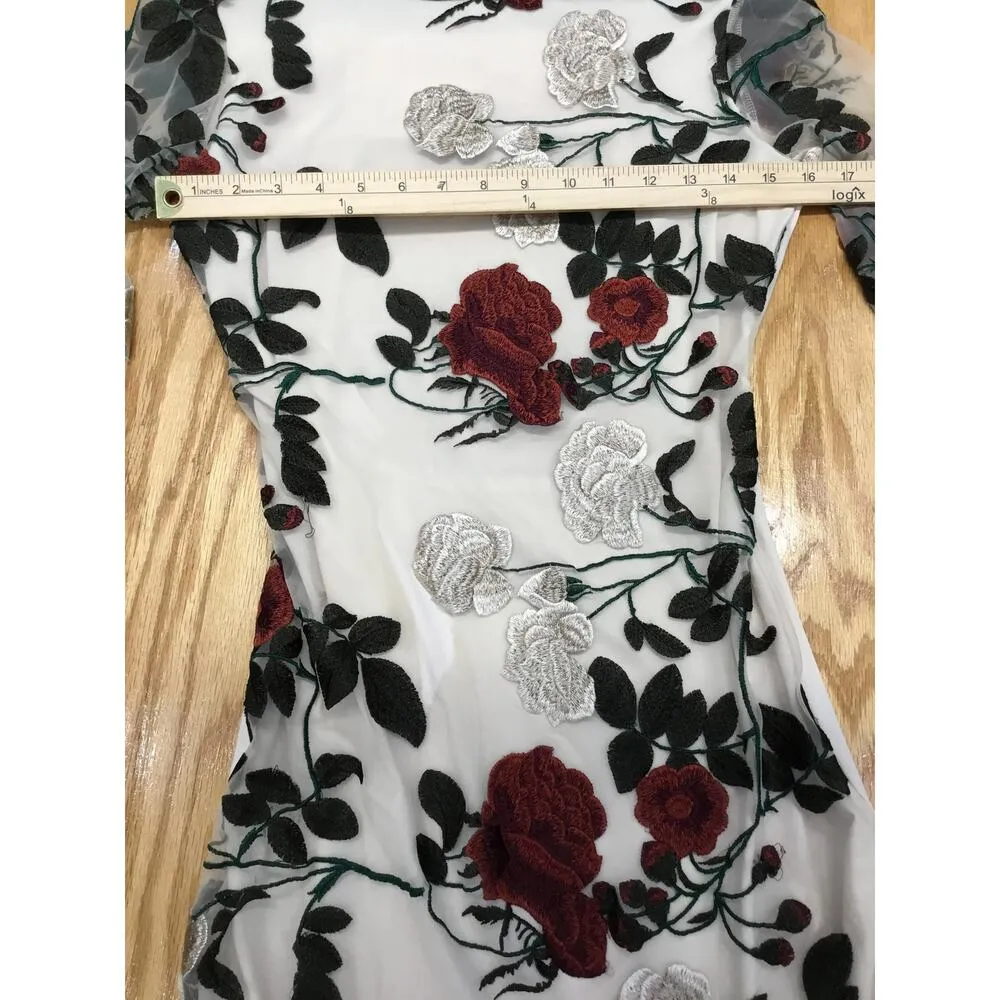 K.Jen Dress Women's Large White Floral Embroidered Backless Long Sleeve Preppy - Image 6