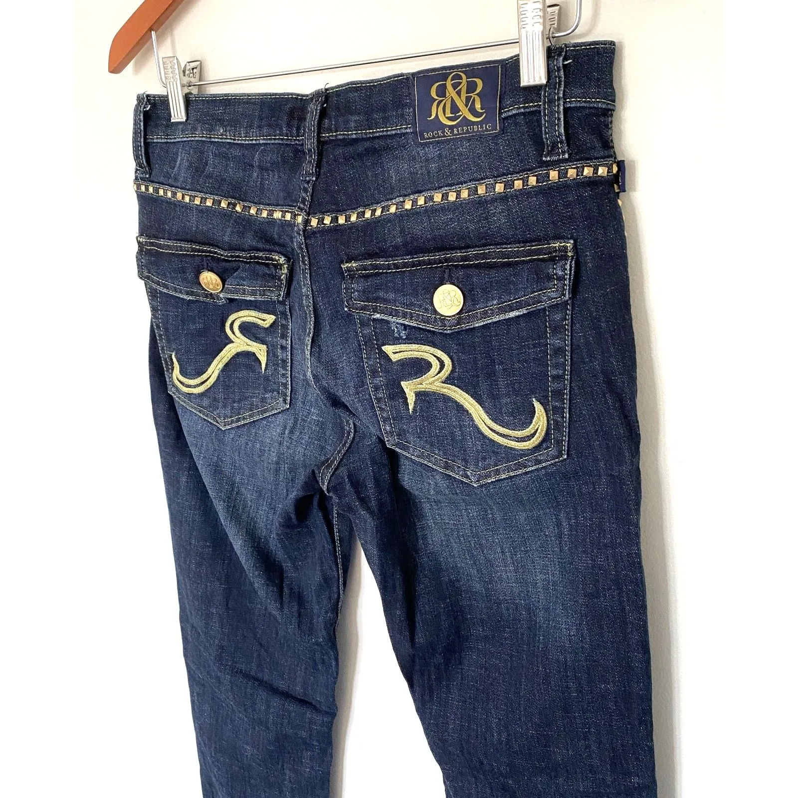 Rock & Republic Kasandra Y2K Dark Wash Bootcut Jeans Gold Studs Distressed Sz 10 - Image 11
