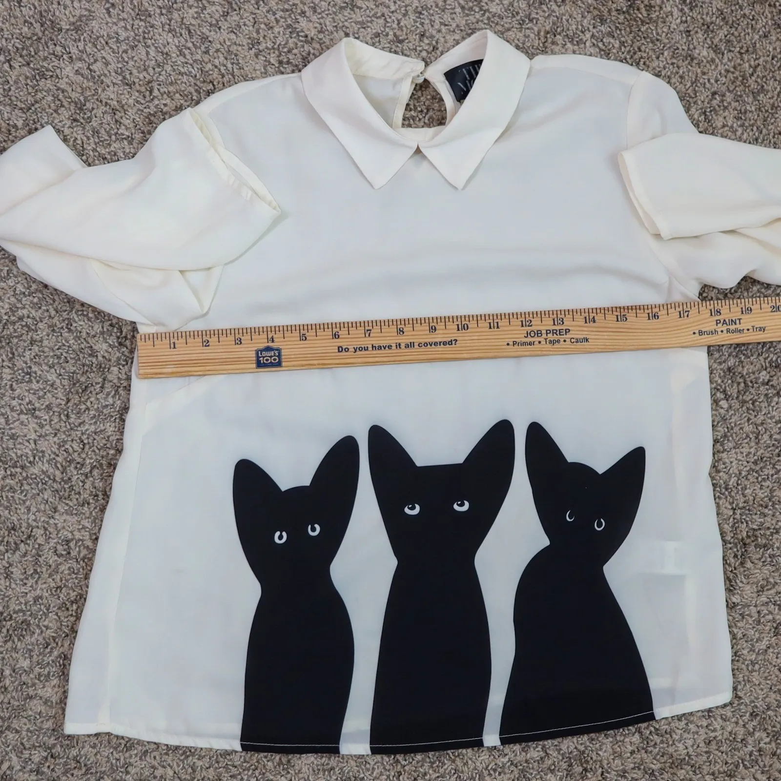 The Moon Cream Long‎ Sleeve Chiffon Blouse Black Cat Print Collar Top Women's S - Image 5