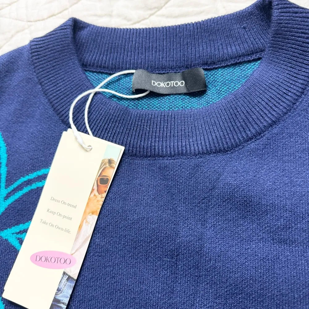 Dokotoo Floral Knit Sweater Boho Crew Neck GrandmaCore Long Sleeve Navy XL NWT Blue - Image 6