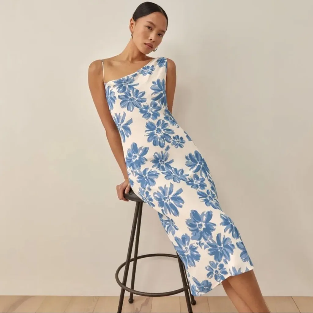 Reformation Large Chandelier Floral Midi Dress Celestia Blue Floral Ivory - Image 6