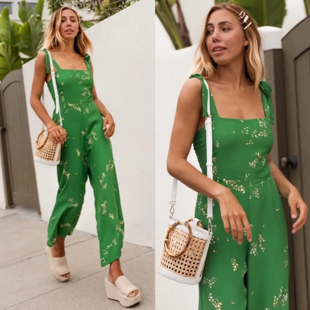 Faithfull the Brand Elsa Shoulder Tie Jumpsuit in Myrtille Green Floral Medium 6 - Image 3