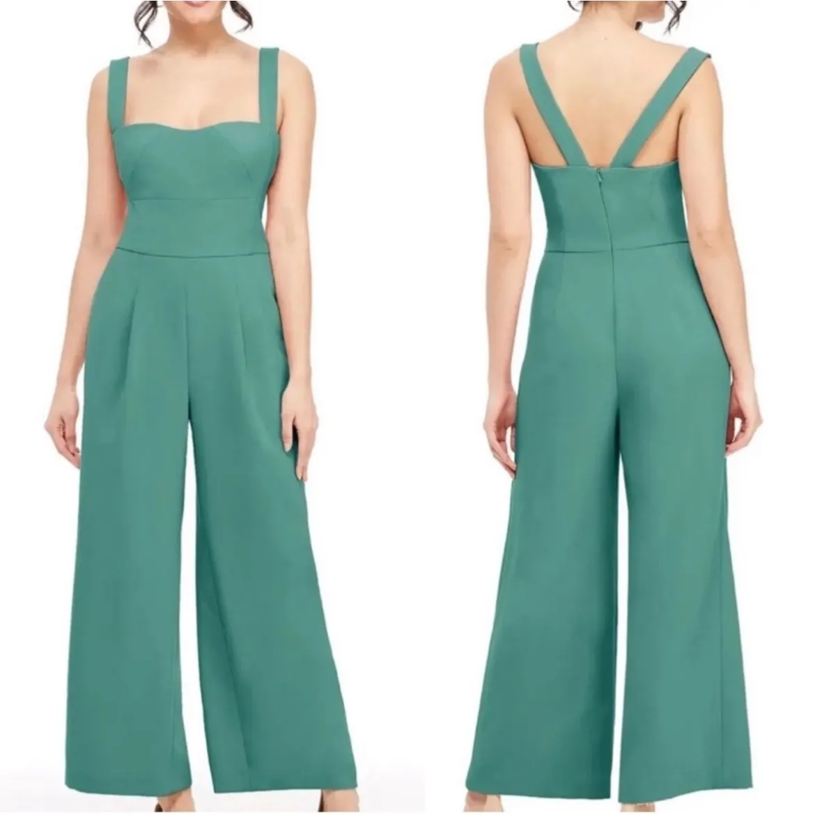 Cal Meets Glam Nicole Wide Leg Jumpsuit Square Neck Sleeveless Size 4 Green - Image 2