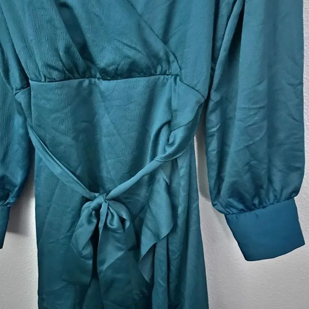 EXPRESS | Satin Ruffle Hi-Lo Maxi Dress Sleeve Faux Wrap Jewel Dark Teal | XL - Image 7