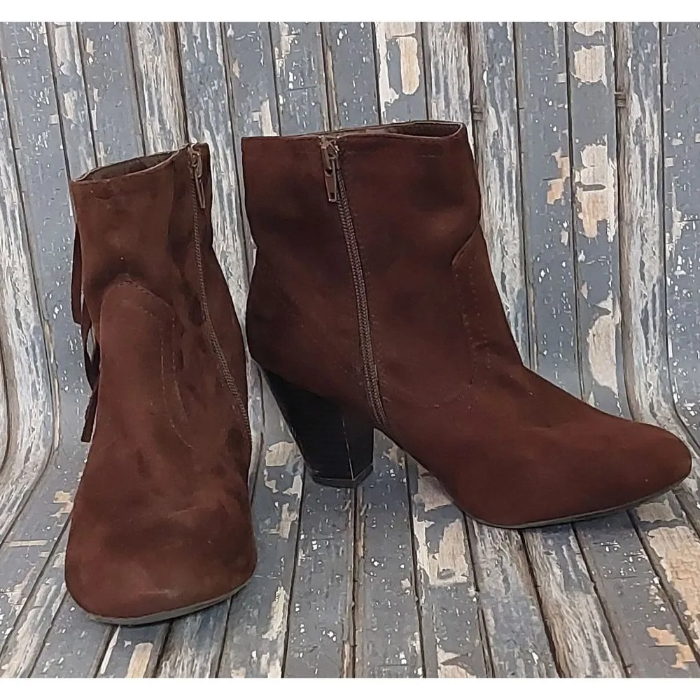 Cato Size 8 Side Zip Ankle Boots Block Heel Booties Brown Faux Suede Fringe - Image 3