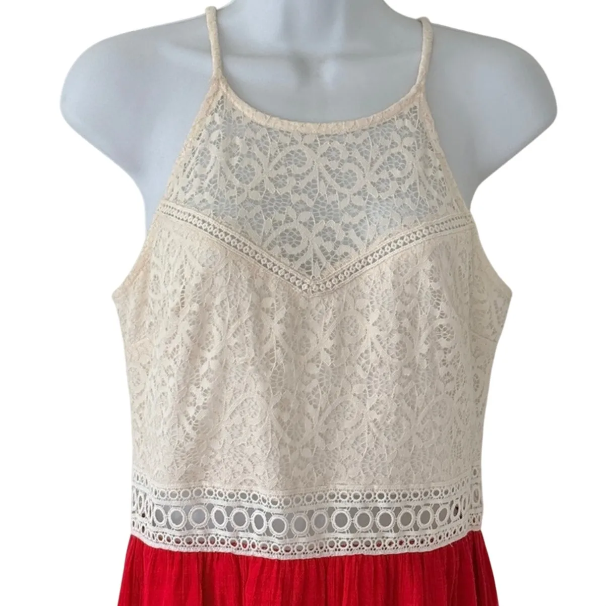BCX Red Cream Lace Gauze Racerback Maxi Dress Party Formal Wedding Guest size 11 - Image 3